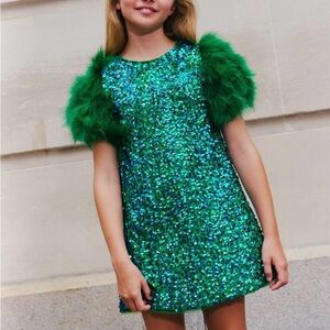 Lola + The Boys Green Sequin Dress with Fluffy Sleeves